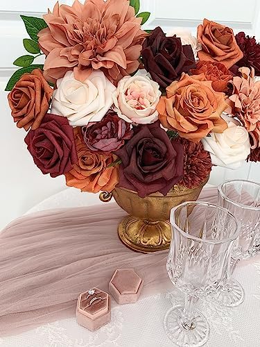 FACINOC Roses Artificial Flowers Orange Bouquet Fake Flower Dahlia Box Set - Image 5