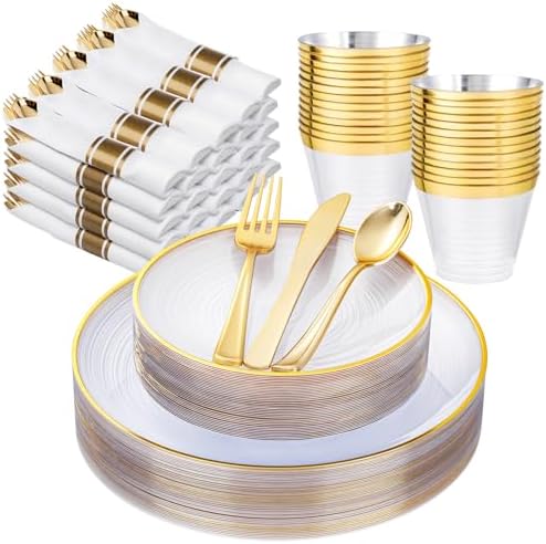 Morejoy 175PCS Clear Gold Plastic Plates - Disposable Clear Party Plates by Morejoy