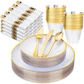 Morejoy 175PCS Clear Gold Plastic Plates - Disposable Clear Party Plates by Morejoy