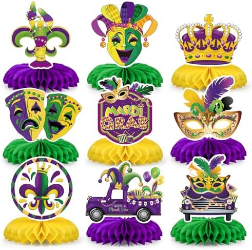 Mardi Gras Party Decorations,9 Pcs Mardi Gras Honeycomb Table Decor,Double Side Mask Crown Table Centerpieces for Carnival Holiday Masquerade New Orleans Party Supplies Decorations by Unknown