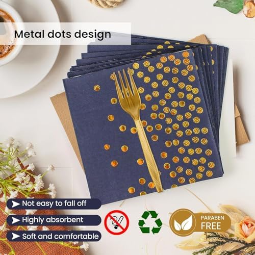 75PCS Blue and Gold Paper Plates and Napkins Party Supplies Blue Gold Dessert Plates Navyblue Napkins Disposable Paper Tableware Set for Birthday Retirement Baby Shower Parties Decor Serves 25 - Image 4