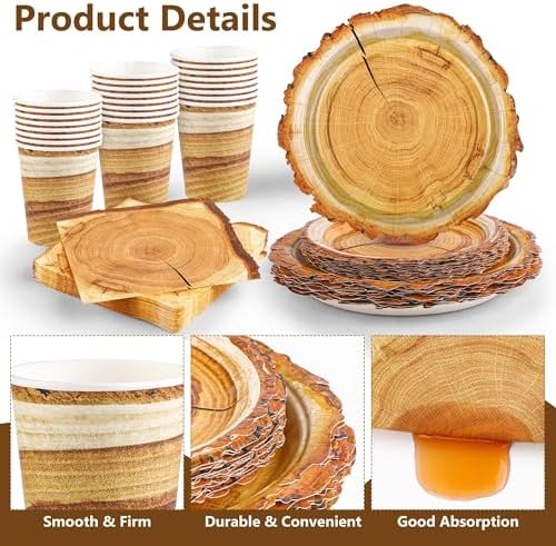 Kochorie 96 Pieces Camping Wood Grain Slice Tableware Set Rustic Wood Party Supplies Including Paper Plates Cups Napkins Serves 24 Guests for Hunting Baby Shower Lumberjack Birthday Party - Image 3
