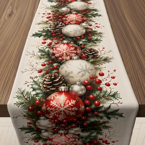 Christmas Decorations - Xmas Balls Snowflake Pine Cone Table Runner by OHOME