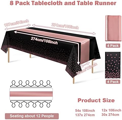 8Pack Disposable Plastic Tablecloths and Satin Table Runner Set Black and Rose Gold Dot Tablecloth Gold Satin Table Runner for Wedding Birthday Baby Shower Anniversary Christmas New Year Party Supply - Image 2