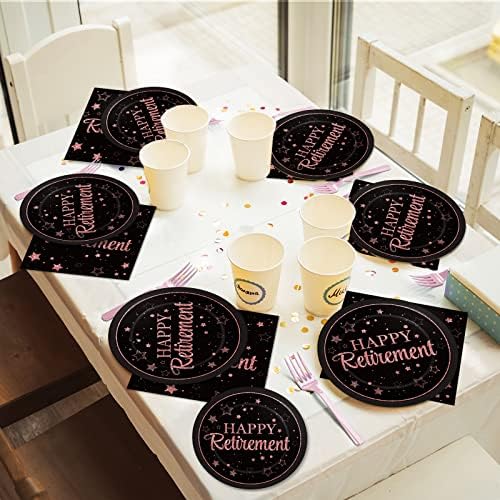 Wiooffen 96 Pcs Retirement Party Plates Napkins Tableware Set Rose Gold Happy Retirement Supplies Disposable Retired Graduation Dinnerware Decoration Favors for Women, 24 Guests - Image 6
