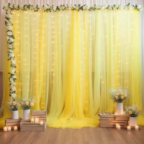 20×10ft Yellow Tulle Backdrop Curtain with Lights String for Parties, Sheer Photo Backdrop Curtains for Wedding Party Photography Background - Image 3