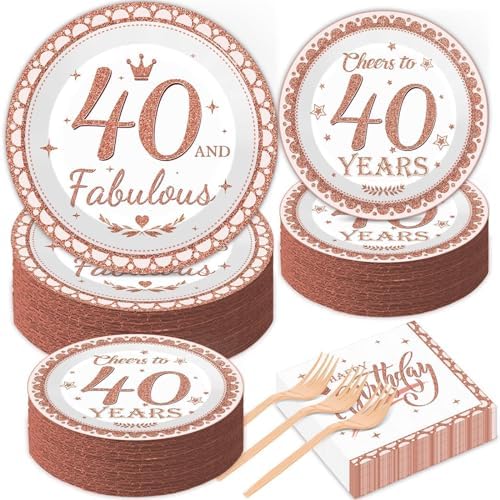 gisgfim 50 Guests 40th Birthday Decorations Plates Napkins for Women Rose Gold Party Supplies 40 Fabulous Happy Birthday Tableware Set Cheers to 40 Years Party Decor Table Decors for Her Girl 200Pcs by gisgfim