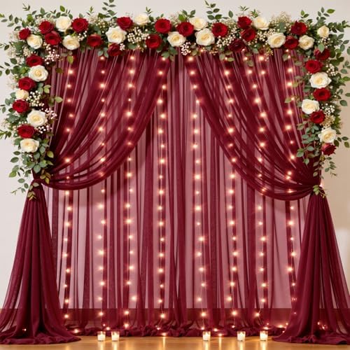 20x10FT Burgundy Wrinkle Free Backdrop Curtains with Lights String for Parties - Photo Curtain Backdrop with Lights for Wedding Decorations, Bridal Baby Shower Birthday Party Photography Background by WishCare