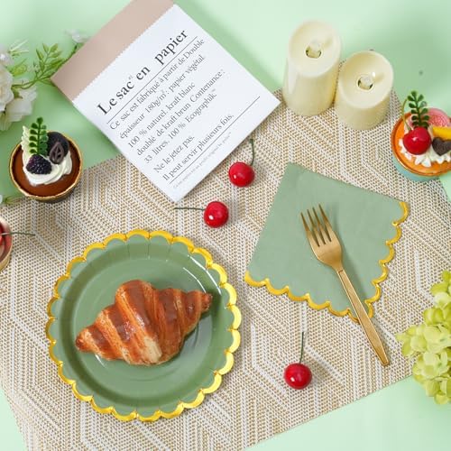 Sage green & gold scalloped party plates with napkins and fork gold foil border, 24 Guest green disposable Tableware Set Party Decoration for Birthday Coquette Bridal Baby Shower Valentines - Image 2
