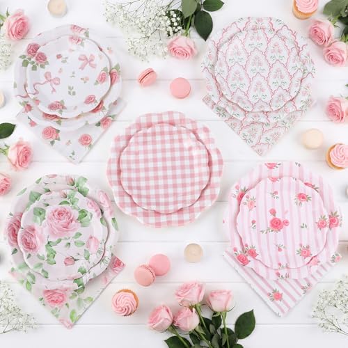 NatNarr 50 Set Pink Floral Plates and Napkins Fancy Tea Party Decor - Image 3