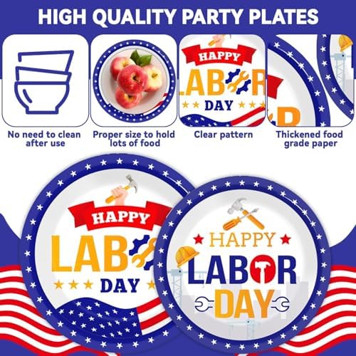 96 Pcs Labor Day Party Supplies for 24 Guests Labor Party Tableware Plates Napkins American Holiday Patriotic Dinnerware Table Decorations Happy Labor Day Party Favor for USA Independence Day - Image 3