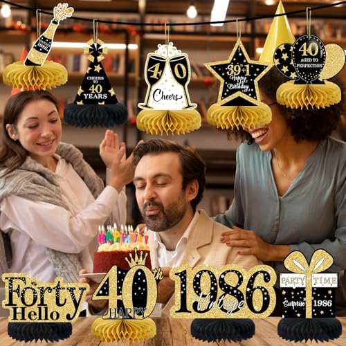 9 Pcs 40th Birthday Decorations Honeycomb Centerpieces for Women Men, Black Gold 1986 Aged to Perfection Vintage Centerpieces for Tables Toppers,Forty Years Party Decorations Supplies - Image 6