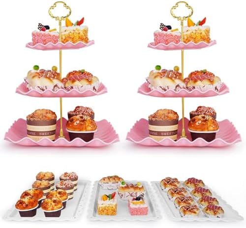 5 Pcs Dessert Display Stands, 2pcs Dessert Stands 3 Pcs Tray, Pink Dessert Display Stands, Treat Table Displays Set for Wedding Baby Shower Tea Party, Ease of Cleaning and Assembly by Findful