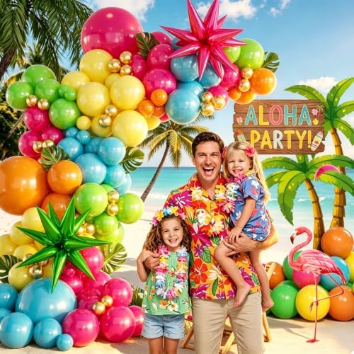 157PCS Flamingo Tropical Luau Balloons Arch Garland Kit, Olive Green Hot Pink Orange Blue Yelloow Gold Balloons with Foil Star Balloons for Summer Beach Aloha Pool Party Decorations Supplies - Image 4