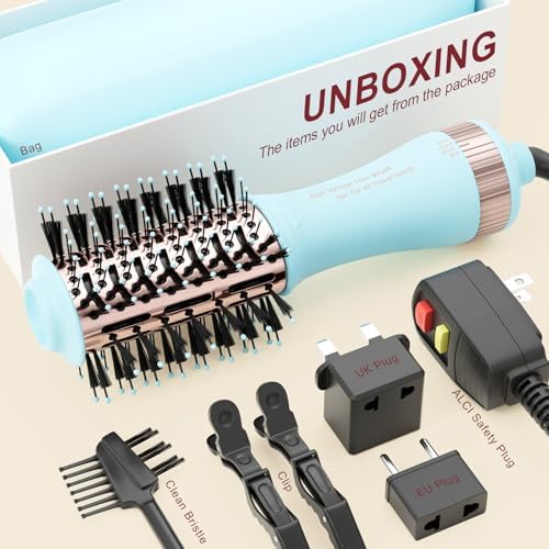 Travel Dual Voltage Hair Dryer Brush 4-in-1 Portable Mini Hot Air Blow Dryer Straightener & Curler Brush, Titanium Round Blowout Styler Volumizer Tools, 110/240V US/EU/UK -Baby Blue & Rose Gold - Image 6
