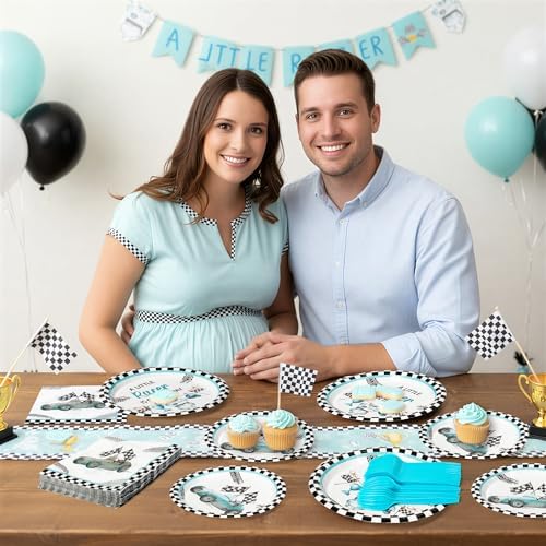 96Pcs Race Car Baby Shower Party Plates Supplies A Little Racer Is On The Way Racing Car Party Tableware Decorations Disposable Paper Plates Napkins Forks for Kids Birthday, Serves 24 - Image 6