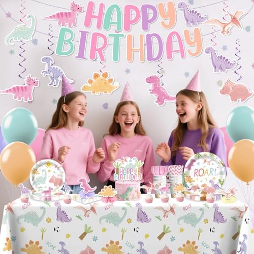 Xynic 363 pcs Pastel Dinosaur Birthday Decorations Girl, Plates Serves 50 - Image 7