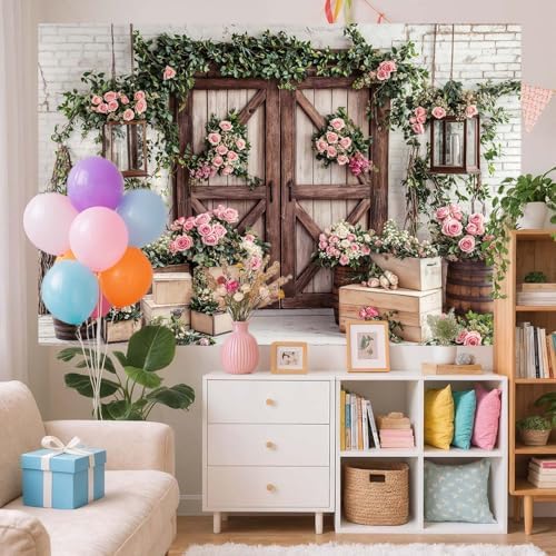 6x6ft Country Wedding Photography Backdrop Floral Rustic Roses Farmhouse Wooden Door Backdrop Pink Flower Birthday Baby Shower Wedding Bridal Party Banner Photo Booth Props Anniversary Background - Image 4