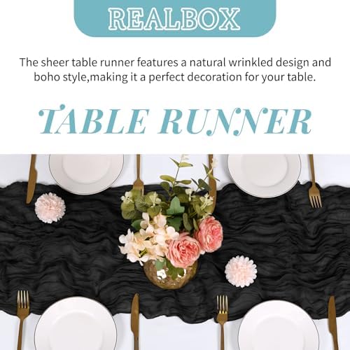 3 Pack Black Cheesecloth Table Runner 17x108 Inch Semi Sheer Boho Gauze Cheese Cloth Fabric Table Runners Table Decor for Wedding Party Baby Shower Birthday Home Decor Garden Farmhouse - Image 4