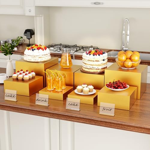 Metal Buffet Risers,4PCS OVERSIZED Food Risers for Buffet Table 8''X9''10''X11'' Display Stand with Mini Acrylic Signs for Catering Dessert Collectibles Jewelry Figures Show Gold Cube Boxes Nesting Risers with Hollow Bottoms - Image 3