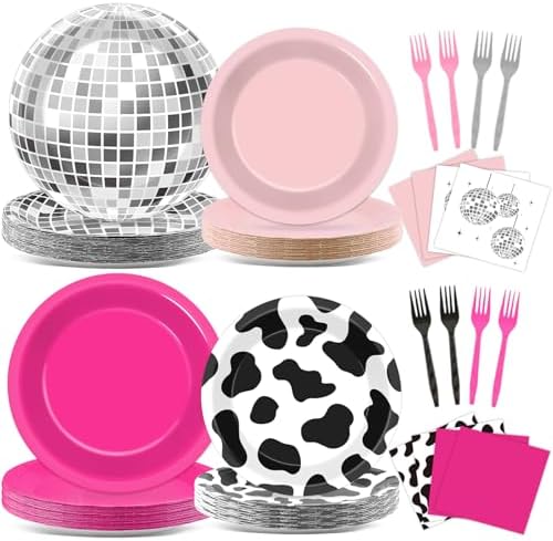 96PCS Western Cowgirl Party Plates and Napkins Cowgirl Disco Party Supplies Cow Print Themed Dessert Paper Cake Plates Hot Pink Ball Tableware for 24 Guests Girls Birthday 80s 90s Disco Decorations by CHUNNIN