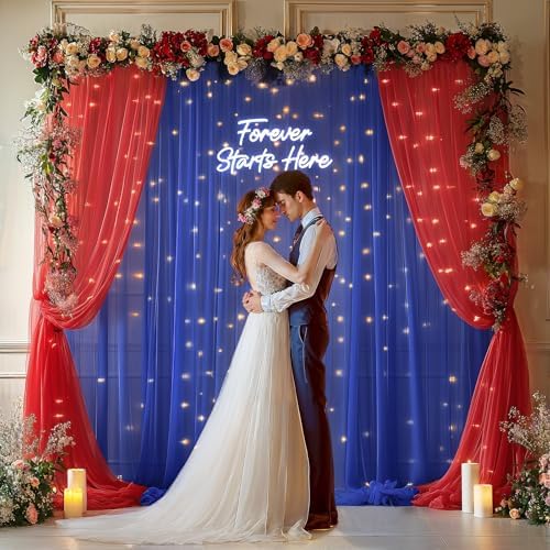10x10ft Royal Blue Red Tulle Backdrop Curtain with Lights String for Parites, Sheer Photo Backdrop Curtains with lights for Wedding Backdrop Ceremony Reception Bridal Shower Baby Shower Birthday Party - Image 5