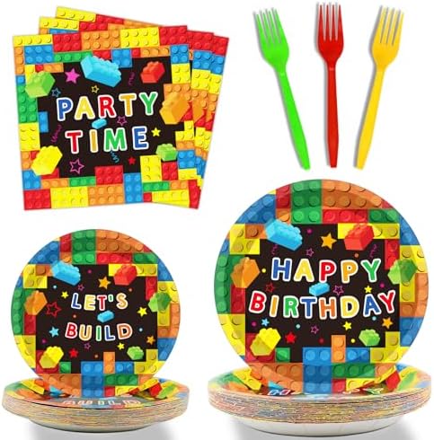 96Pcs Building Block Birthday Party Decor Supplies Paper Plates Napkins Set by gisgfim