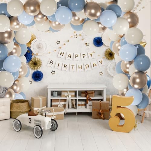 100pcs Dusty Blue Balloon Set | 12-Inch Baby Slate Blue, Sand White & Champagne Gold Confetti Balloons | Elegant Decor for Baby Shower, Wedding, Graduation & Boys' Birthday (2 Ribbons) - Image 4