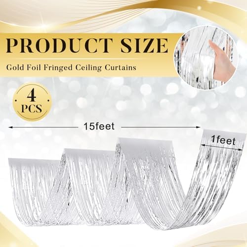 Breling 4 Pcs Silver Ceiling Fringe Curtains, Metallic Foil Drapes, 15 ft - Image 2