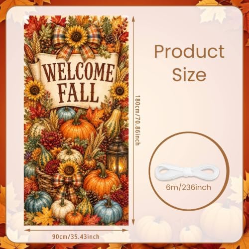 Fall Door Banner 35x71 Inch Welcome Fall Vertical Front Door Cover Pumpkins Sunflowers Maple Leaves Wheat Harvest Hanging Flag for Autumn Porch Yard Wall Farmhouse Thanksgiving Home Outdoor Decor - Image 2