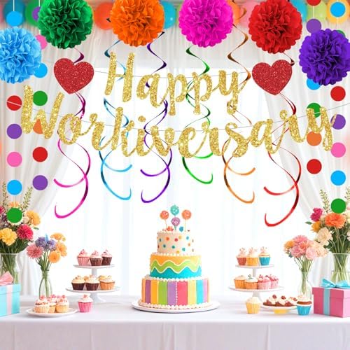 Happy Workiversary Party Decorations Colorful Glittery Work Anniversary Banner Hanging Swirls Paper Pompoms Circle Dots Garland for Men Women Office Employee Worker Appreciation Party Supplies - Image 2