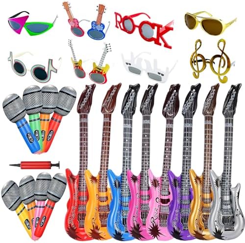 Large Rock Star Funny Sunglasses Set, Rock and Roll Party Funny Music Sunglasses, Inflatable Guitar Microphone for 70s, 80s, 90s, Music Party, Photo Booth Props for Carnival Rock and Roll Parties by WarmingEveryPartyMoment