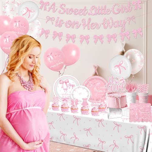 Pink Bow Baby Shower Decorations for Girl,Pink Bow Birthday Party Supplies Include Bow Plate,Napkin,Banner,Cake Topper,Balloons Welcome Baby Girl Decorations for Coquette Bow Party Serves 25 - Image 3