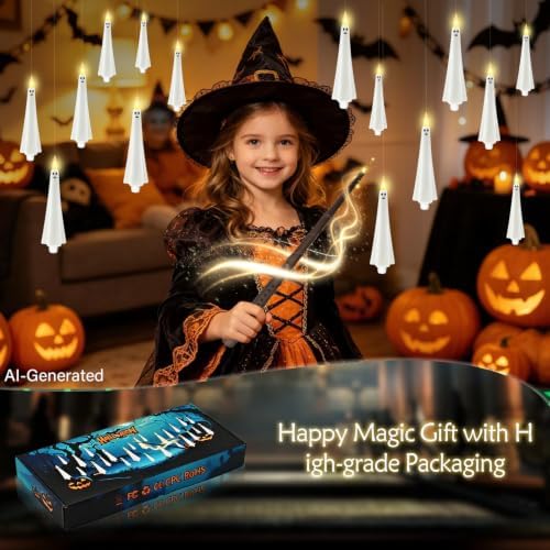 kakoya Ghost Flameless Floating Candles with Wand Remote, 12 Pcs Magic Flickering Battery Operated LED Hanging Taper Candles for Halloween Party Decoration(White) - Image 2
