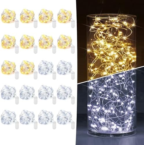 20 Pack Fairy Lights Battery Operated 7ft 20 LED Mini String Lights Twinkle Lights Silver Wire Firefly Starry Lights for Mason Jars Wedding Party Christmas Centerpiece Decor, Warm White & Cool Whtie by HOBAYS
