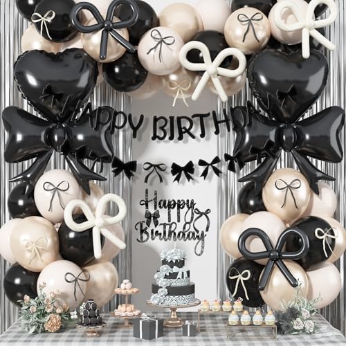 Black Bow Birthday Party Decorations, Coquette Bow Black Sand White Beige Balloons with Bows Decor Happy Birthday Banner Fringe Curtain for Women Girls Bows Theme Bachelorette Baby Shower Party by Jobkoo