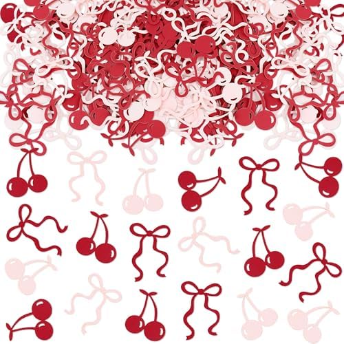 200Pcs Double-sided Pink Bows & Red Cherry Confetti Cherry Fruit Table Confetti Bow Table Decorations for Baby Shower Girls Birthday Engagement Bachelorette Party Decoration Party Confetti Supplies by Cyodoos
