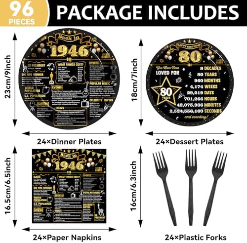 96Pcs 80th Birthday Plates and Napkins Back in 1946 Party Decorations Black Gold 80 Year Old Party Dessert Plates 1946 Birthday Tableware for 24 Guests 80th Theme Men Woman Bday Parties Supplies - Image 2