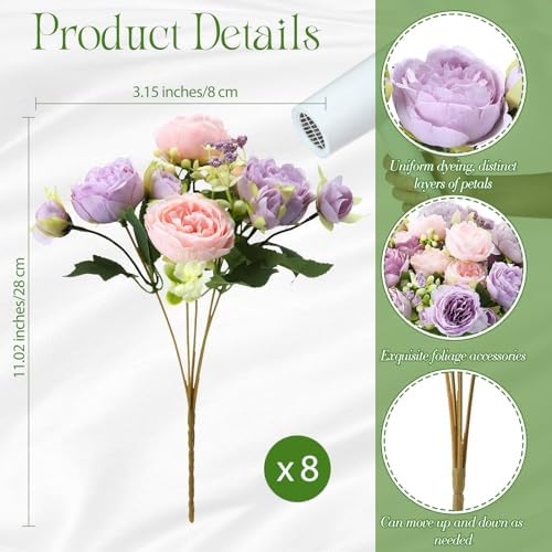 Geosar 8 Bundles Artificial Peonies Flowers,Gray Purple, Light Purple - Image 2