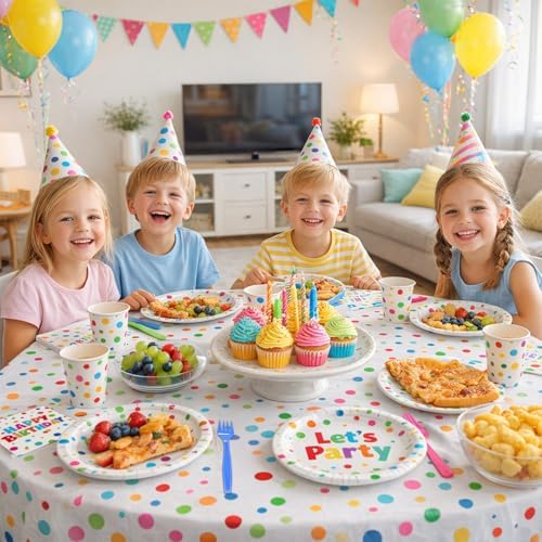 Kinovo 96 Pcs Happy Birthday Paper Plates Tableware Set (Serves 24), Birthday Dots Dots Design Supplies Set Include Plates Napkins Forks for Party - Image 6
