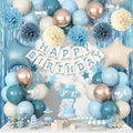 Blue Birthday Decorations, Retro Dusty Blue Sand White Gold Party Balloon Kit with Happy Birthday Banner Fringe Curtain Background Pom Poms Cake Topper for Baby Boys Girl Women Men Bday Decor Supplies by Jobkoo