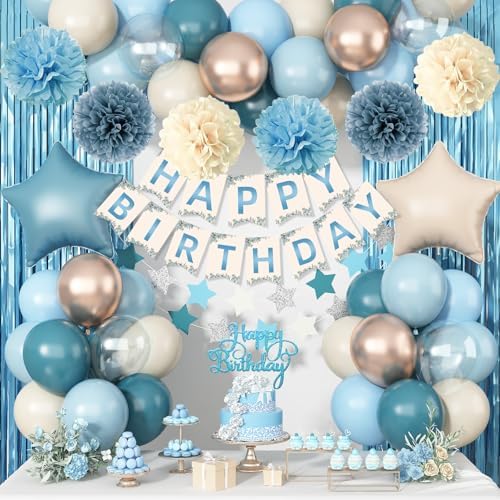 Blue Birthday Decorations, Retro Dusty Blue Sand White Gold Party Balloon Kit with Happy Birthday Banner Fringe Curtain Background Pom Poms Cake Topper for Baby Boys Girl Women Men Bday Decor Supplies by Jobkoo