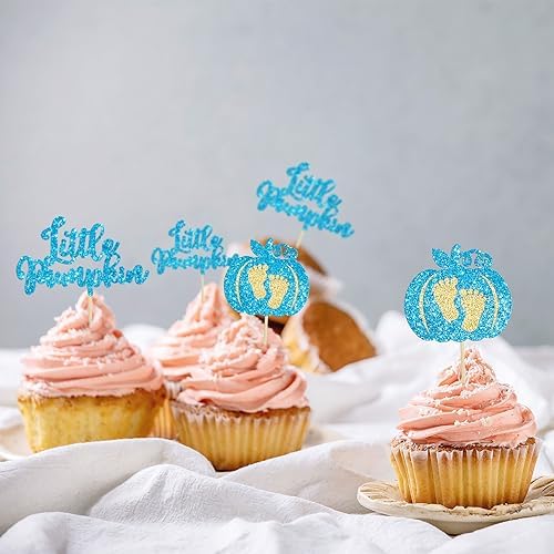 Ephlyn 24Pcs Little Pumpkin Cupcake Toppers Glitter Pumpkin Cupcake Picks Little Pumpkin Boy Baby Shower Decorations Fall Harvest Theme Baby Shower Kids Birthday Party Supplies Blue - Image 6