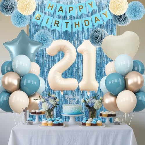 Dusty Blue 21st Birthday Party Decorations Boys Beige Number 21 Balloon - Image 2