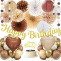 Boho Brown White Birthday Decorations - 62pcs Happy Birthday Banner, Neutral Rustic Paper Lanterns Honeycomb, Hanging Streamers, Tissue Pom Poms Flower Fan, Birthday Decorations for Women Girl Boys by IHEPYQ
