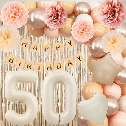 Beige Happy 50th Birthday Party Decoration Women Cream Number 50 Balloon - Image 2
