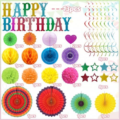 Multicolored Birthday Party-Decorations - 32pcs Colorful Fiesta Mexican Party Decorations for Men Women Boys Girls, Happy Birthday Banner Paper Streamers Lanterns Tissue Pom Poms - ZERODECO - Image 2