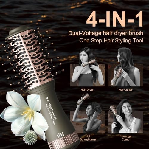 Travel Dual Voltage Blow Hair Dryer Brush 4-IN-1 Portable Mini Hot Air Dryer Straightener & Curler Brush, Titanium Round Blowout Styler Volumizer Tools, 110/240V US/EU/UK Plug for International Travel - Image 4