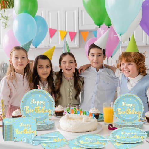 CHUNNIN 96PCS Blue Happy Birthday Plates and Napkins Happy Birthday Party Decorations Light Blue and Gold Dessert Plates Tableware for 24 Guests Kids Party Supplies - Image 5