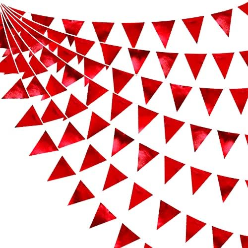Red Party Decorations Triangle Pennant Banner Flag Dark Red Metallic Fabric Bunting Garland for Graduation Wedding Bridal Shower Birthday Anniversary Holiday Valentines Retirement Party Supplies by pinkblume